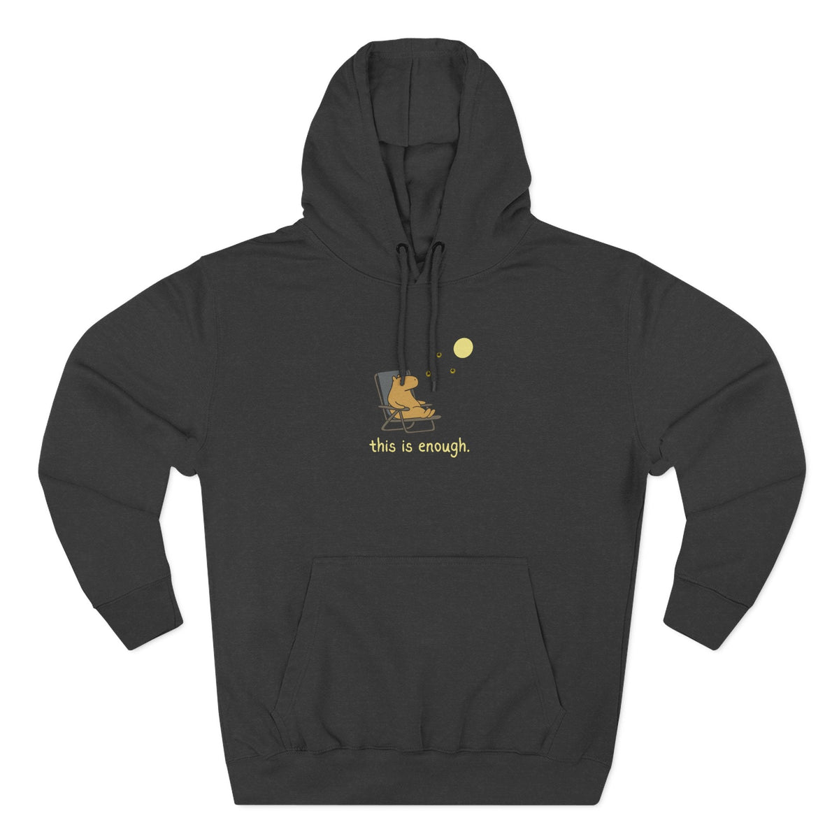 Capy Life charcoal grey fleece hoodie featuring a minimalist graphic of a capybara relaxing under a moon.