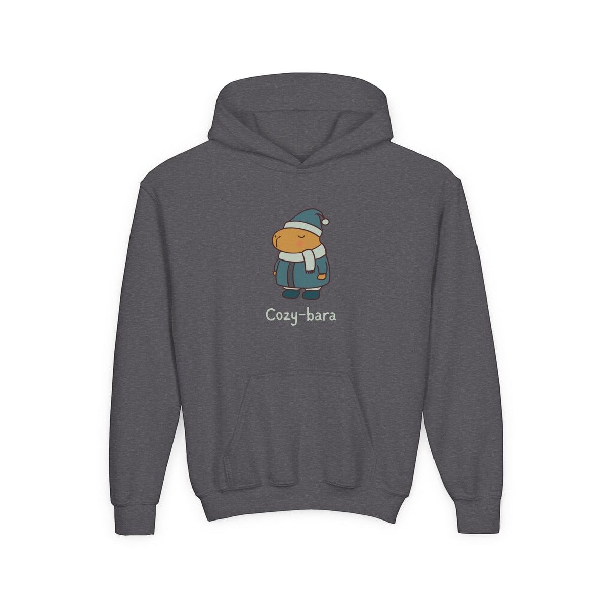 Capy Life kids charcoal grey hoodie featuring a cute capybara graphic in a winter puffer coat, hat, and scarf.