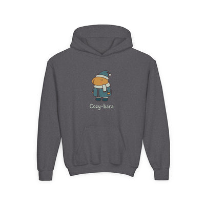 Capy Life kids charcoal grey hoodie featuring a cute capybara graphic in a winter puffer coat, hat, and scarf.