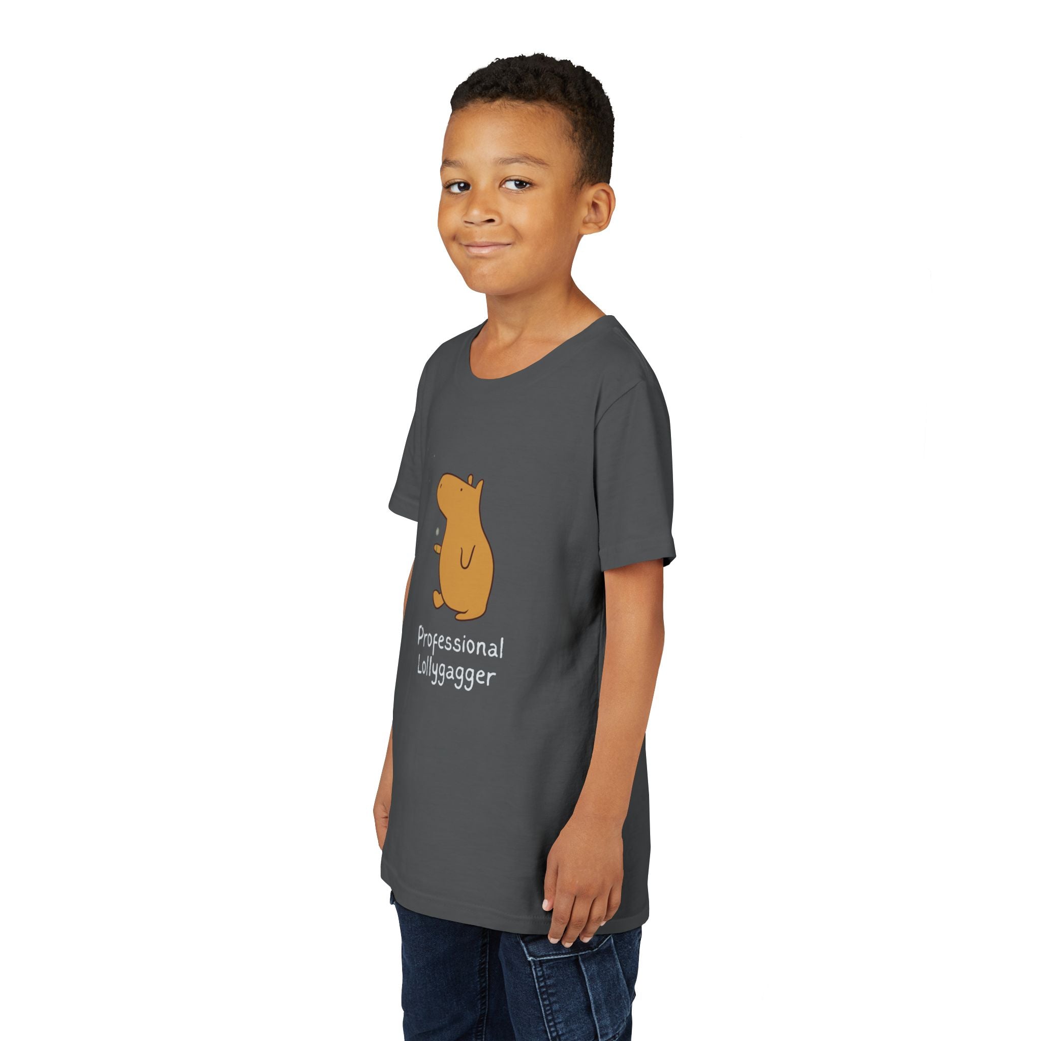 Capy Life kids t-shirt in charcoal grey featuring a hand-drawn capybara graphic and Professional Lollygagger text