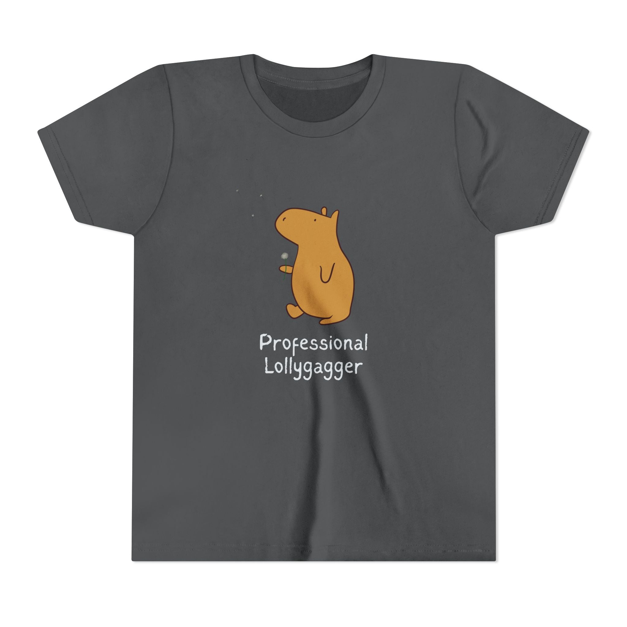 Capy Life kids charcoal grey cotton t-shirt featuring a hand-drawn capybara and Professional Lollygagger text.