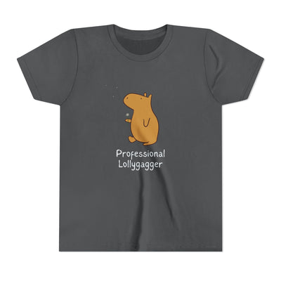 Capy Life kids charcoal grey cotton t-shirt featuring a hand-drawn capybara and Professional Lollygagger text.