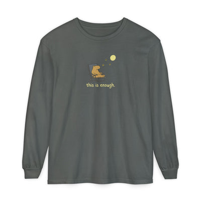 Capy Life charcoal grey long sleeve Comfort Colors tee with a capybara in a chair graphic and this is enough text