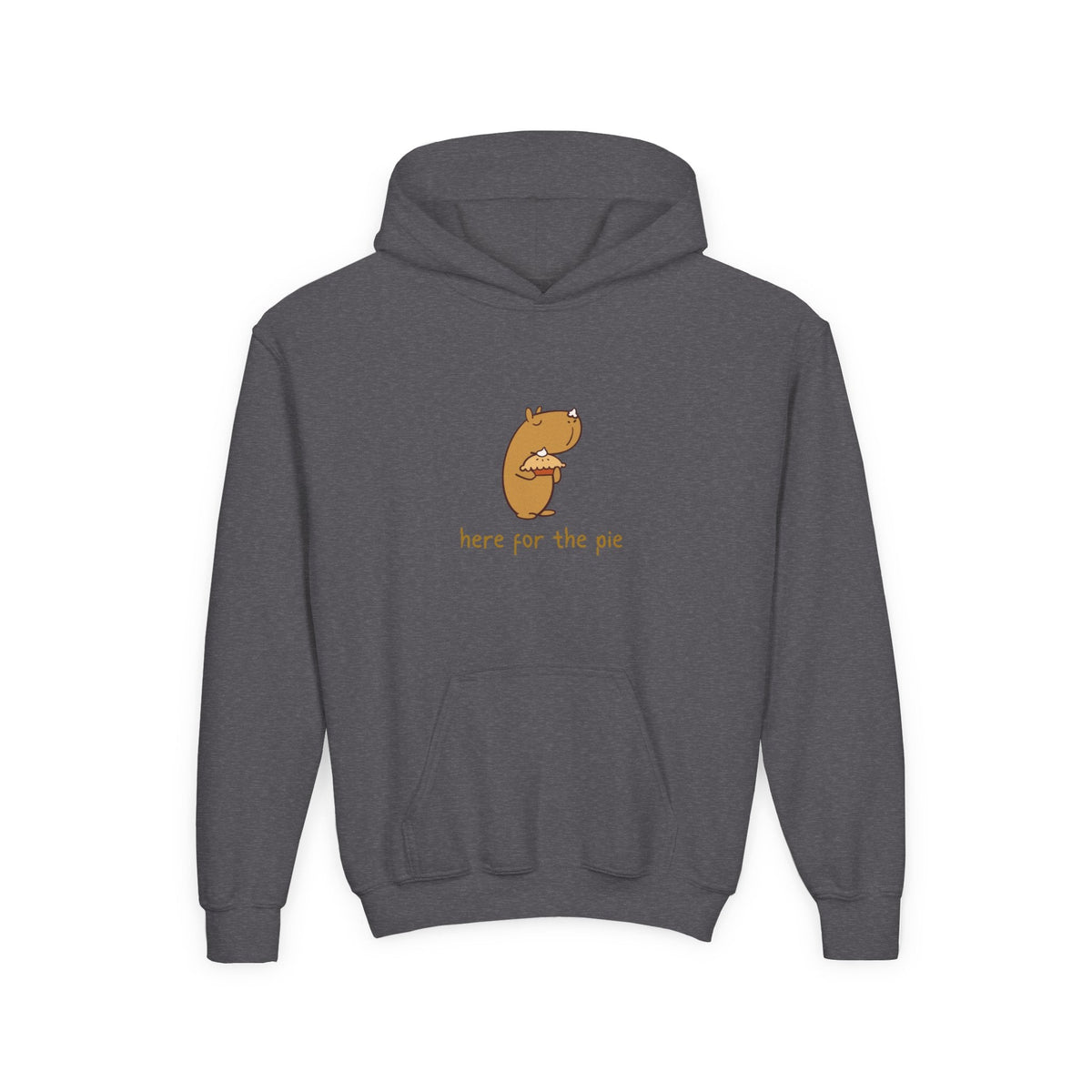 Capy Life kids hoodie in dark grey featuring a cute capybara holding a slice of pie with text here for the pie