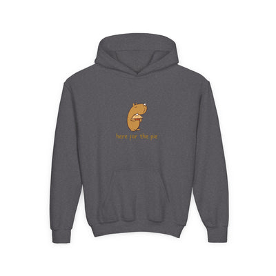 Capy Life kids hoodie in dark grey featuring a cute capybara holding a slice of pie with text here for the pie