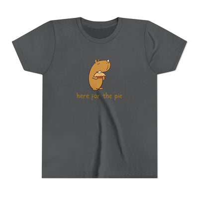 Capy Life kids charcoal grey t-shirt featuring a cute capybara holding a pie with whipped cream on its nose.