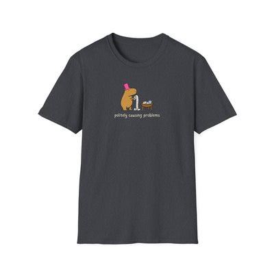Capy Life charcoal grey softstyle t-shirt featuring a hand-drawn capybara in a pink top hat with funny text.