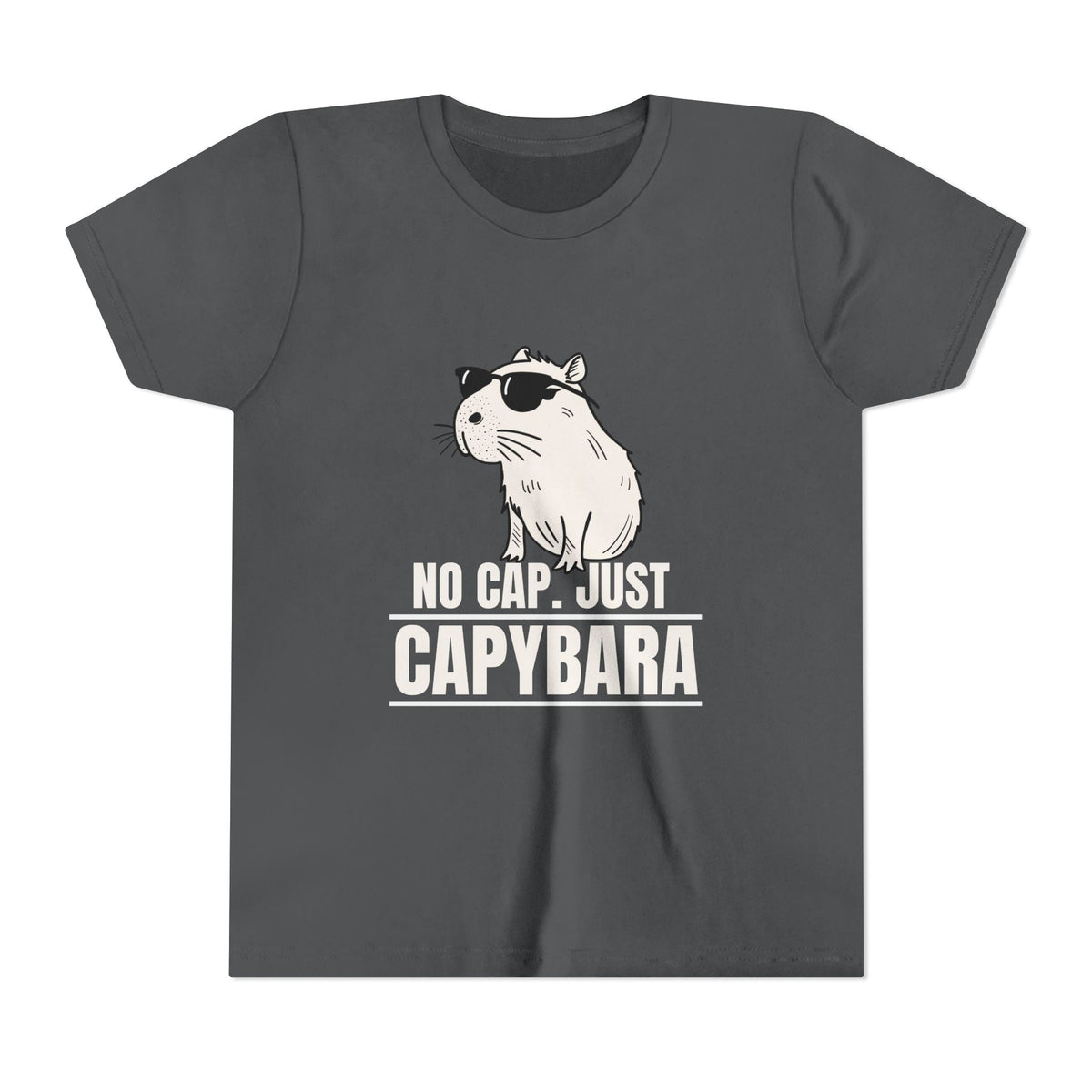 Capy Life youth t-shirt in charcoal grey featuring a graphic of a cool capybara wearing sunglasses with text.