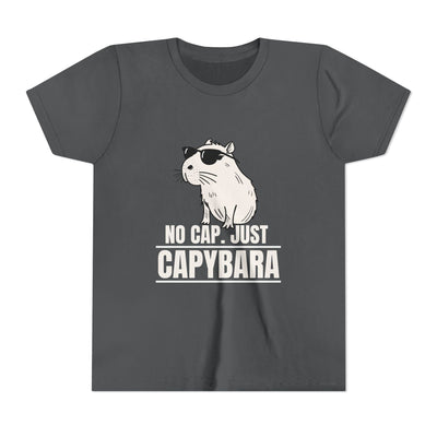 Capy Life youth t-shirt in charcoal grey featuring a graphic of a cool capybara wearing sunglasses with text.