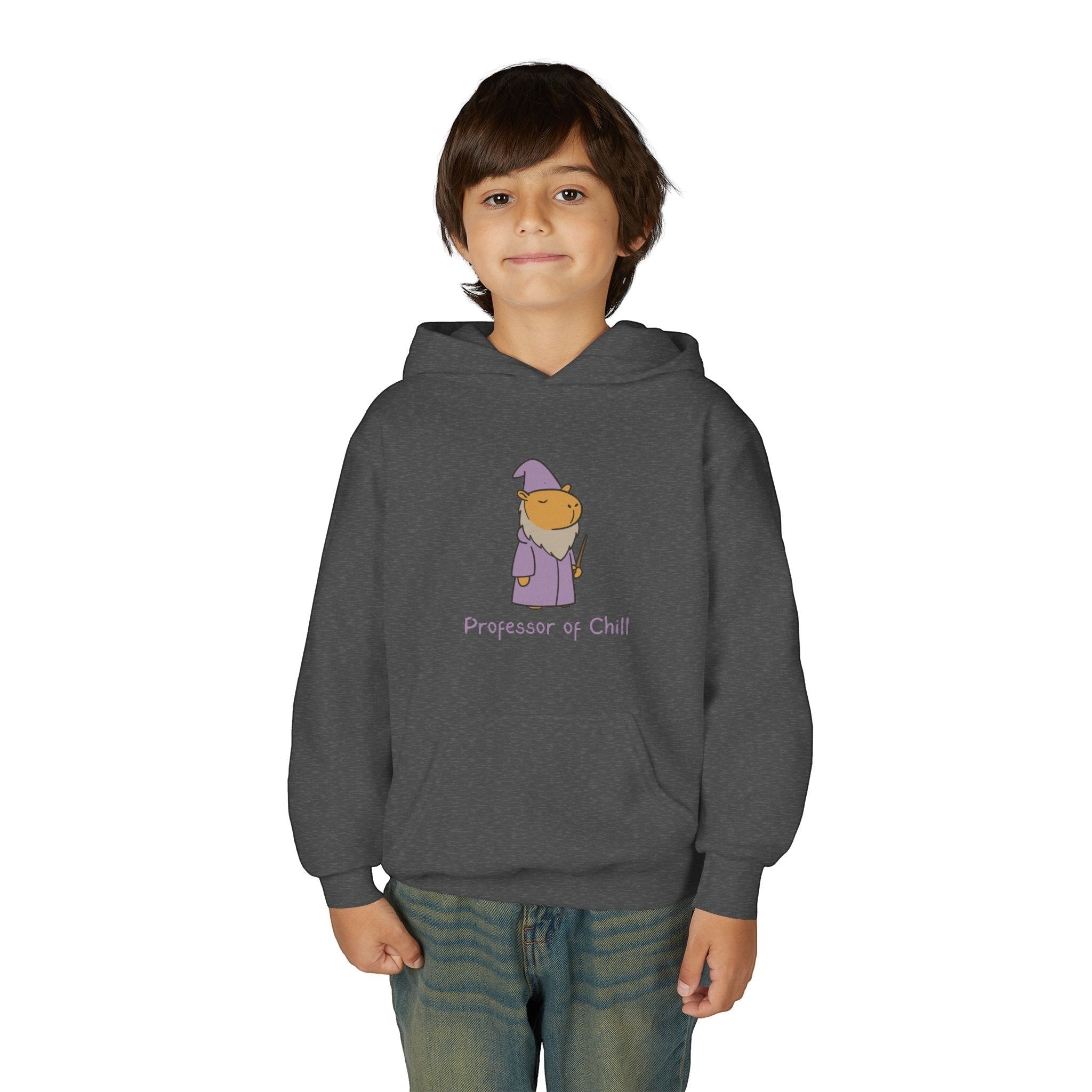 Capy Life kids hoodie in charcoal grey featuring a wizard capybara graphic with the text Professor of Chill