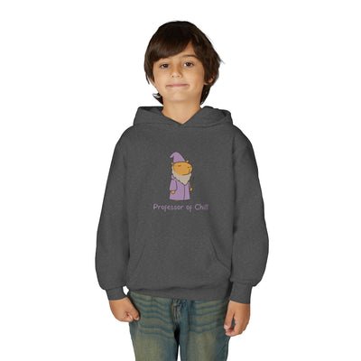 Capy Life kids hoodie in charcoal grey featuring a wizard capybara graphic with the text Professor of Chill