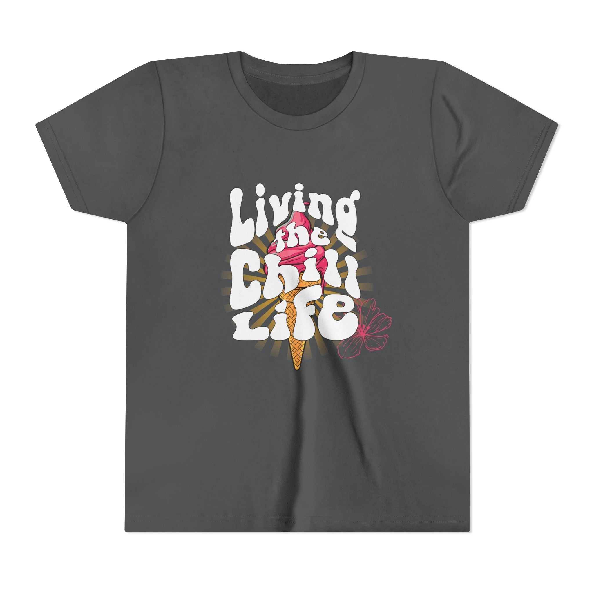 Capy Life youth unisex charcoal grey cotton t-shirt featuring a retro Living the Chill Life ice cream graphic.