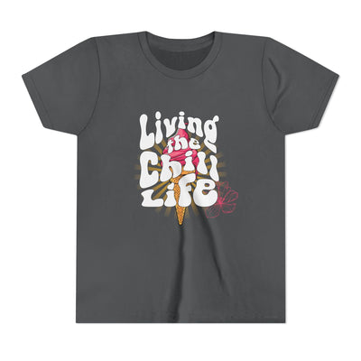 Capy Life youth unisex charcoal grey cotton t-shirt featuring a retro Living the Chill Life ice cream graphic.