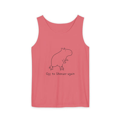 Capy Life coral tank top featuring a minimalist line drawing of a capybara on roller skates with the text Off to Shenan-again