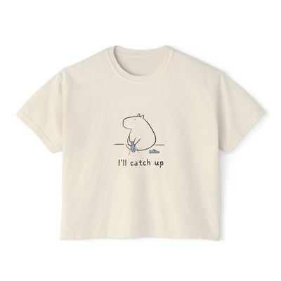 Capy Life cream boxy tee featuring a minimalist line drawing of a capybara and the text I'll catch up.