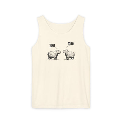 Capy Life cream-colored Comfort Colors tank top featuring a sketch of two capybaras saying Bro to each other.