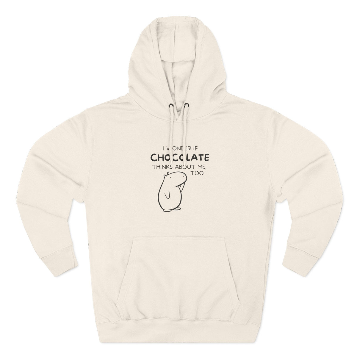 Capy Life premium hoodie in cream featuring Gene the Capybara line art and I wonder if chocolate thinks about me too