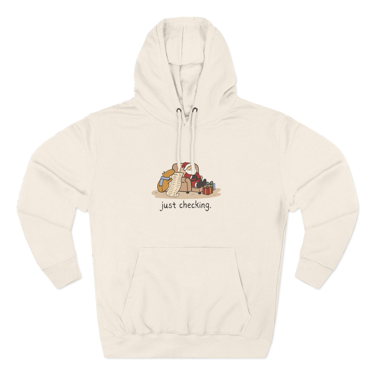 Capy Life cream fleece hoodie featuring a hand-drawn capybara checking Santa's naughty-or-nice list.