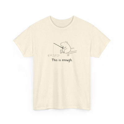 Capy Life cream heavy cotton t-shirt with a minimalist black line drawing of a capybara fishing and text This is enough