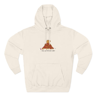 Capy Life cream fleece hoodie featuring a cute capybara in autumn leaves with the text I was promised cider