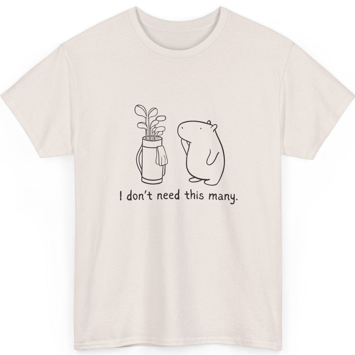 Capy Life cream heavy cotton t-shirt featuring a minimalist line drawing of a capybara with a golf bag and text.
