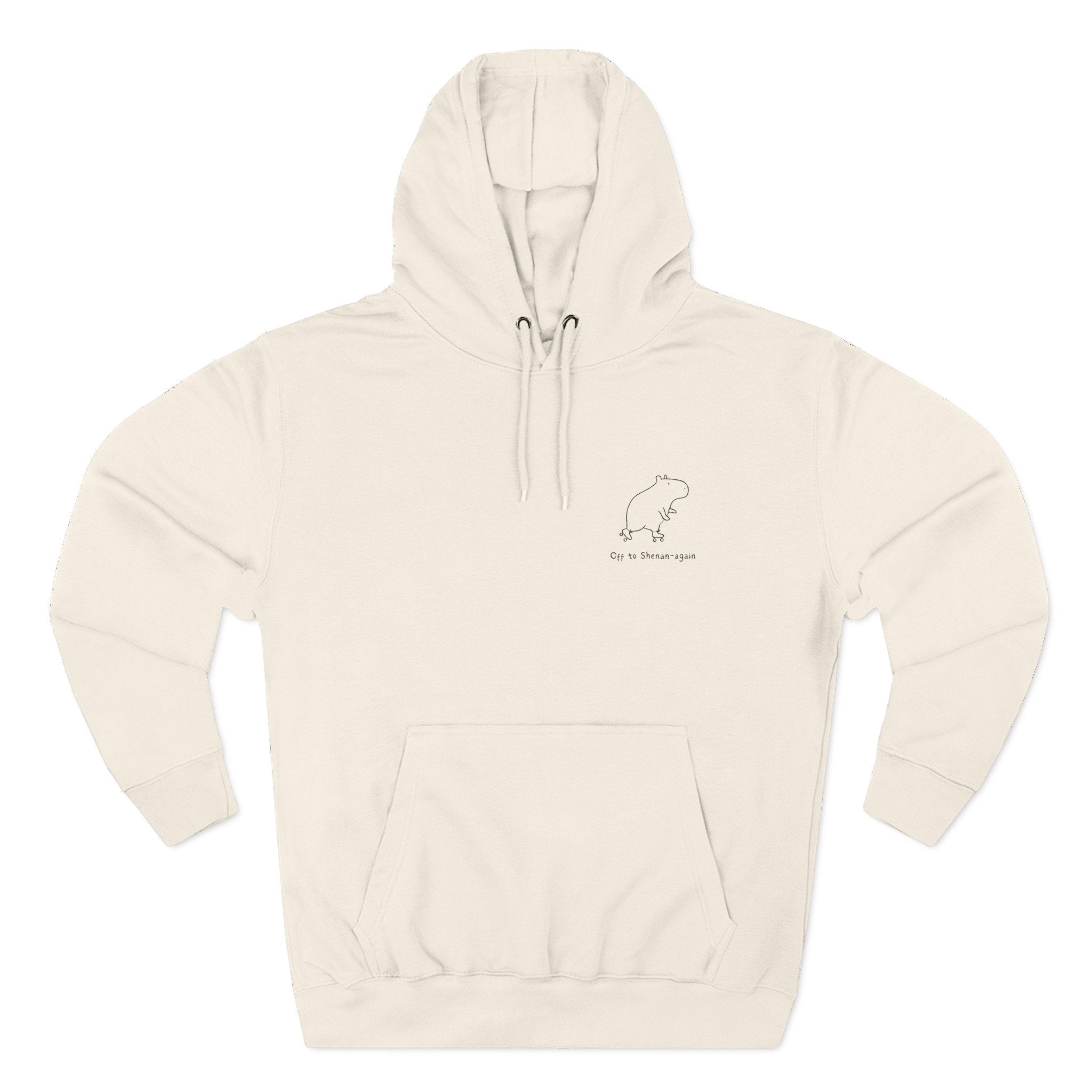 Capy Life cream-colored premium hoodie with a minimalist embroidered capybara design and Off to Shenan-again text.