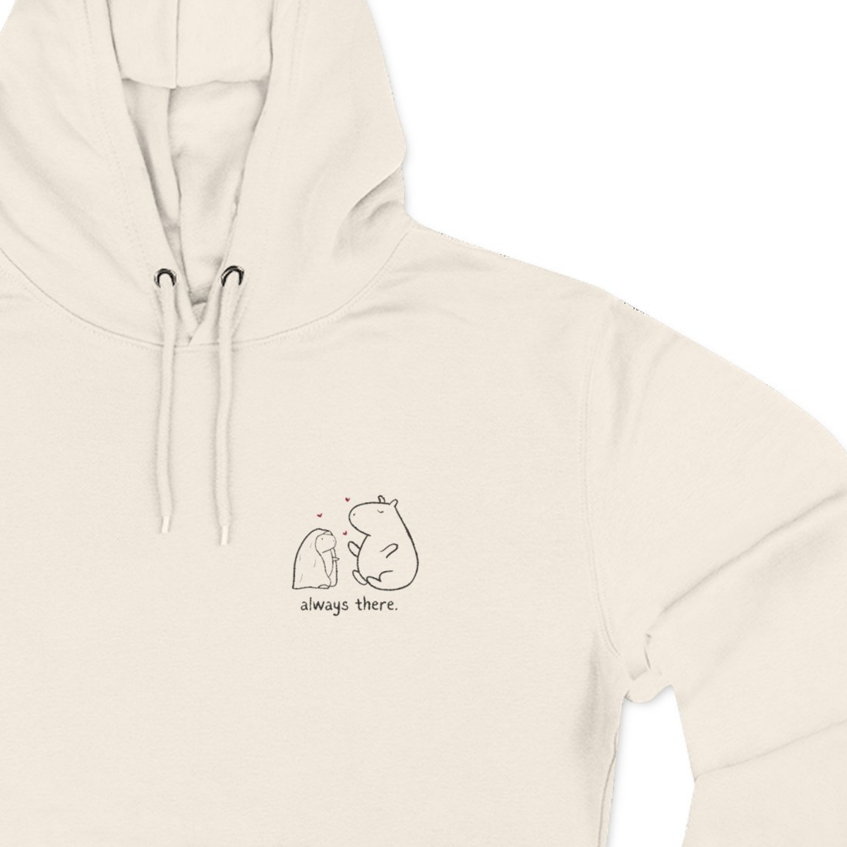 Capy Life cream-colored hoodie featuring a minimalist illustration of two capybaras with hearts and the text always there
