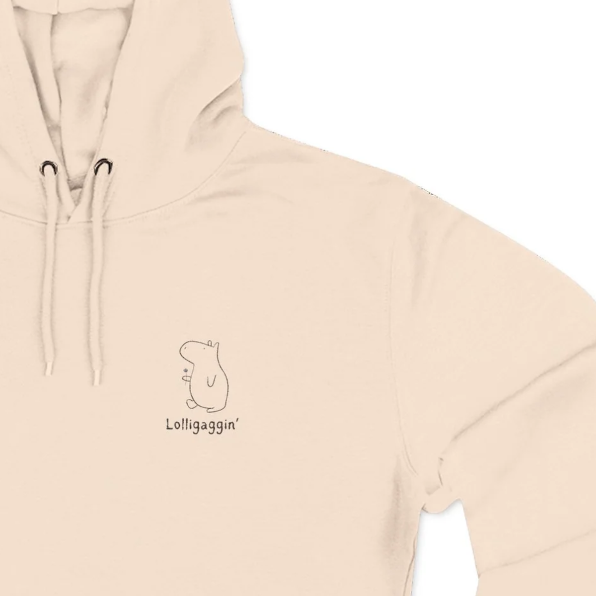 Capy Life beige unisex hoodie featuring a minimalist embroidered capybara and the text Lolligaggin on the chest