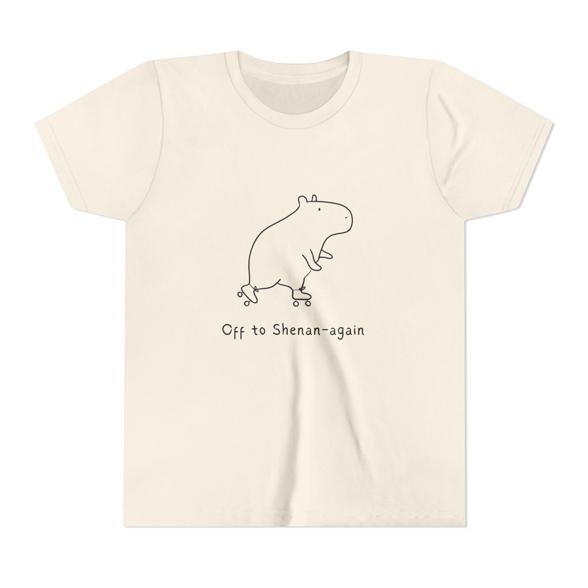 Capy Life kids cream t-shirt featuring a minimalist black doodle of a capybara on roller skates with funny text.