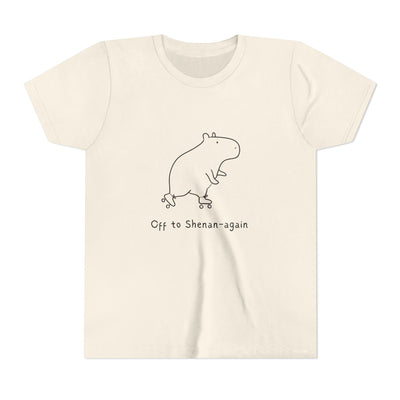 Capy Life kids cream t-shirt featuring a minimalist black doodle of a capybara on roller skates with funny text.
