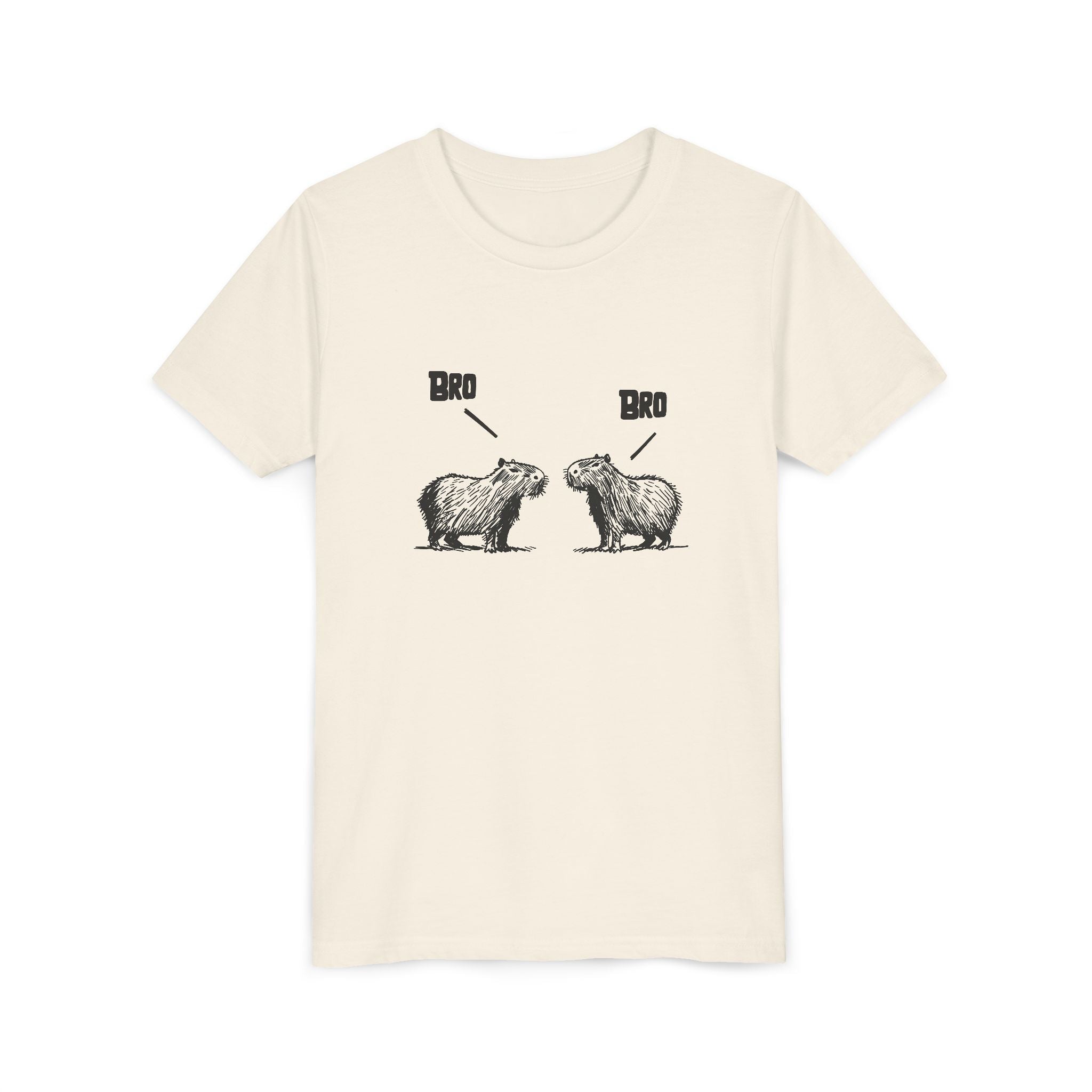 Capy Life kids t-shirt in cream cotton featuring a sketch-style graphic of two capybaras saying Bro to each other.