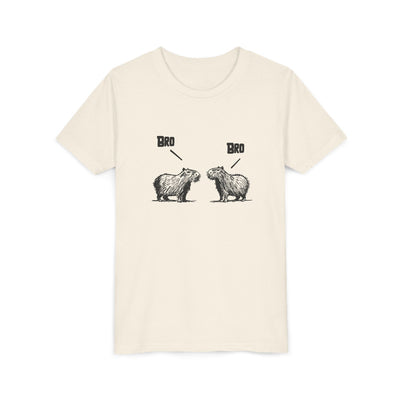 Capy Life kids t-shirt in cream cotton featuring a sketch-style graphic of two capybaras saying Bro to each other.