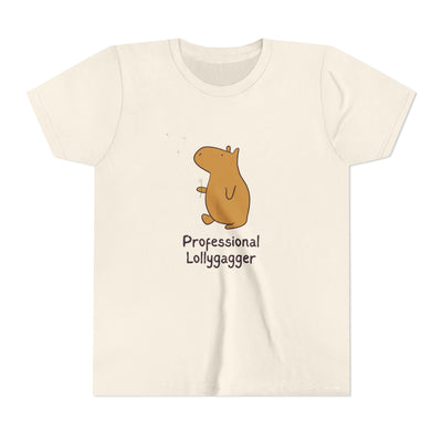 Capy Life kids t-shirt in cream cotton featuring a hand-drawn capybara graphic and Professional Lollygagger text
