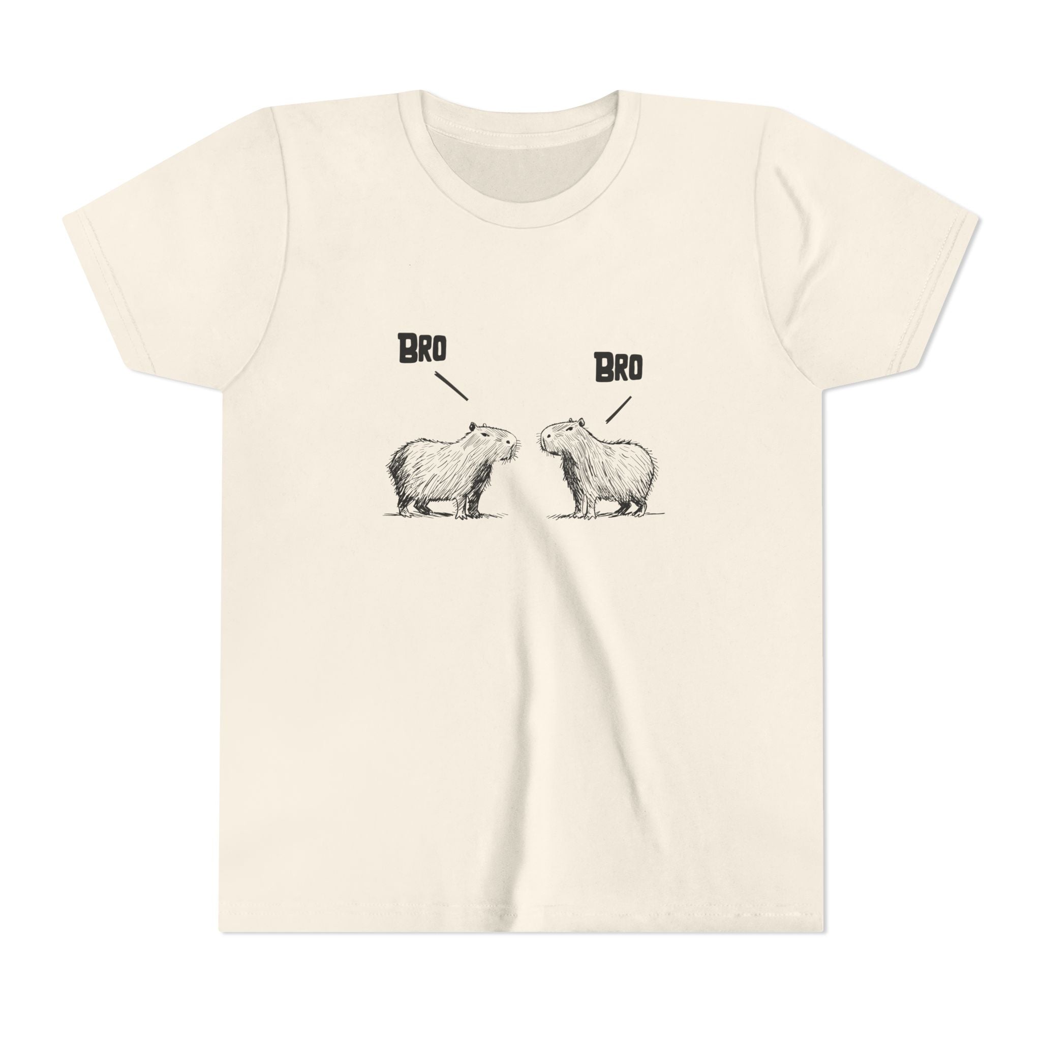 Capy Life kids t-shirt in cream cotton featuring a sketch-style illustration of two capybaras saying Bro Bro
