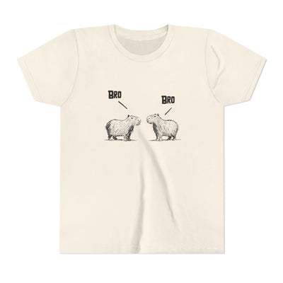 Capy Life kids t-shirt in cream cotton featuring a sketch-style illustration of two capybaras saying Bro Bro