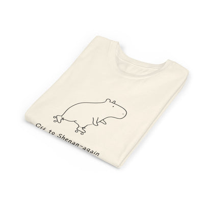 Capy Life kids cream graphic tee featuring a minimalist doodle of a capybara on roller skates with funny text.