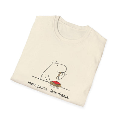 Capy Life softstyle cotton tee in cream featuring a minimalist capybara eating spaghetti with the text More pasta. Less drama.