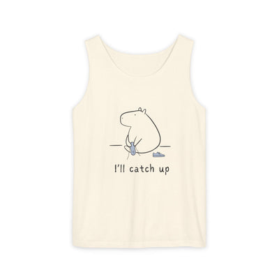 Capy Life cream-colored Comfort Colors tank top featuring a minimalist capybara illustration and I'll catch up text.