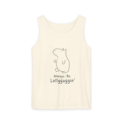 Capy Life cream Comfort Colors tank top featuring a minimalist line drawing of a capybara holding a dandelion.
