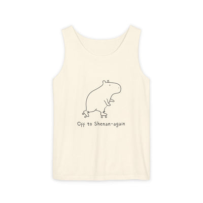 Capy Life cream-colored tank top featuring a minimalist line drawing of a capybara on roller skates with text.
