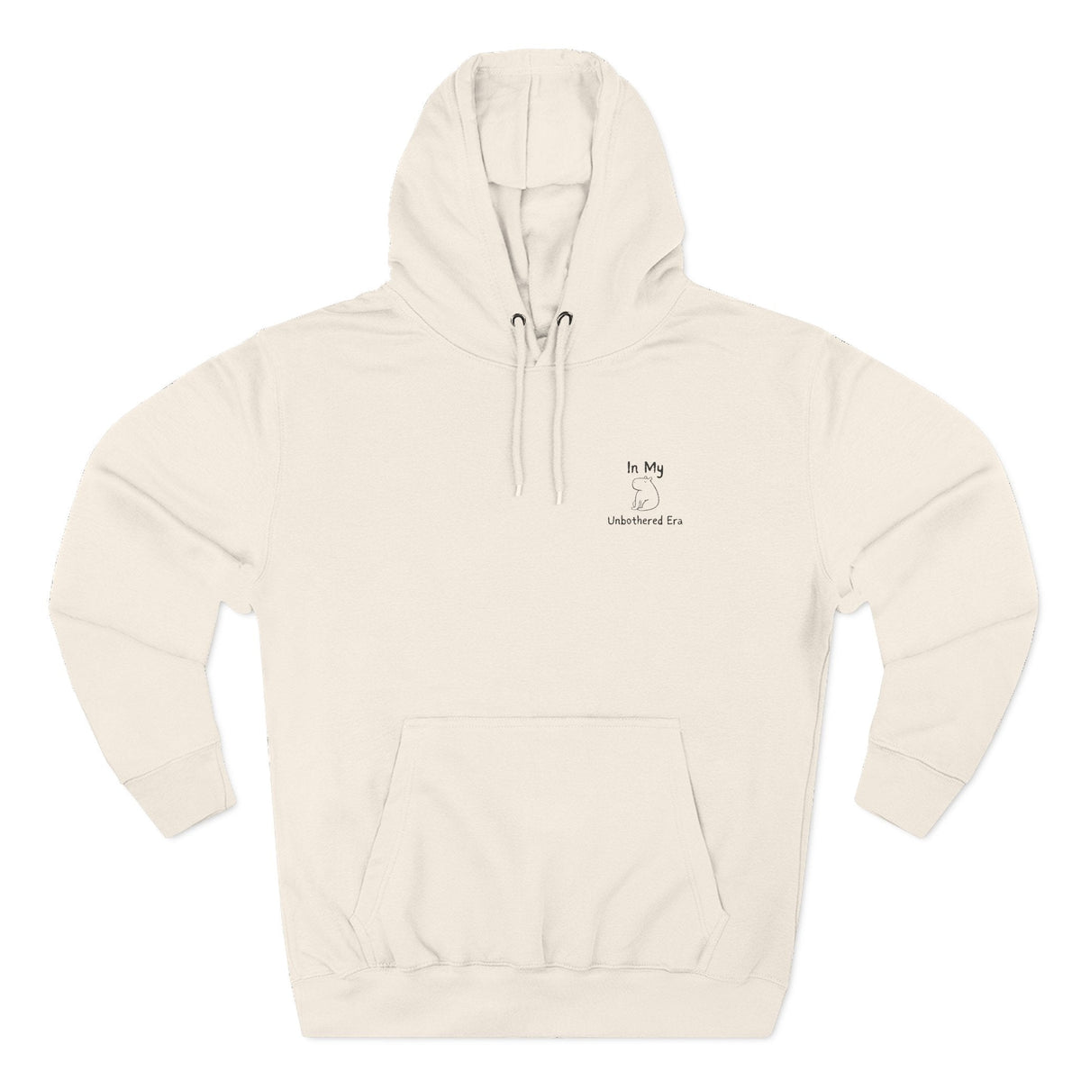 Capy Life premium cream cotton-blend hoodie featuring a minimalist embroidered capybara and In My Unbothered Era text.
