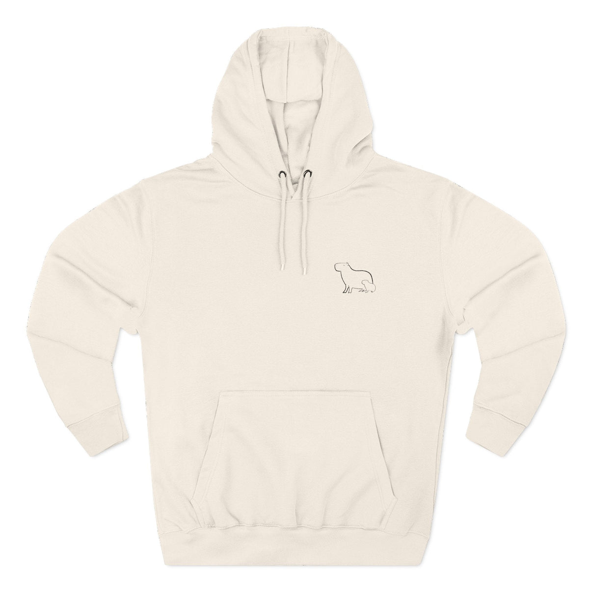 Capy Life premium cream fleece hoodie with a minimalist embroidered mama and baby capybara design on the left chest.