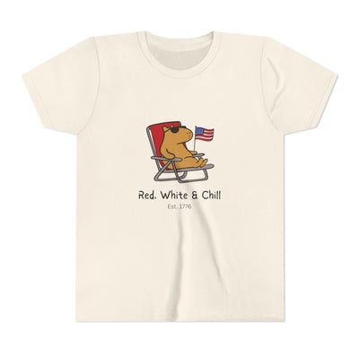 Capy Life kids cream t-shirt featuring a graphic of a capybara in sunglasses lounging with an American flag