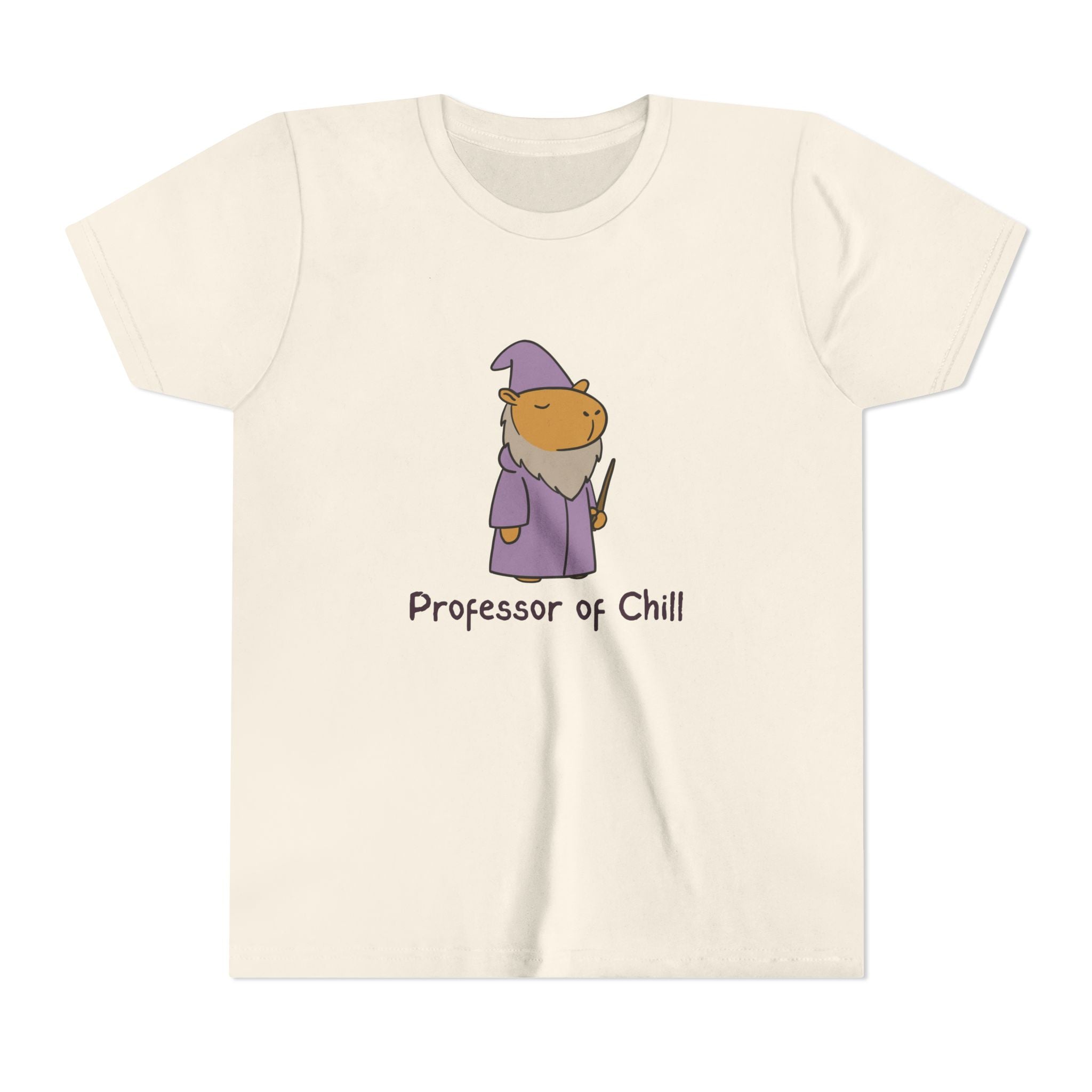 Capy Life youth tee in cream cotton featuring a wizard capybara in a purple robe with the text Professor of Chill
