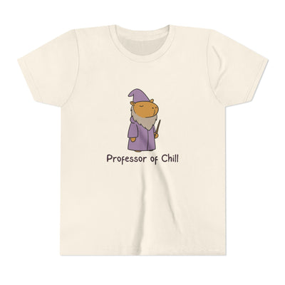 Capy Life youth tee in cream cotton featuring a wizard capybara in a purple robe with the text Professor of Chill