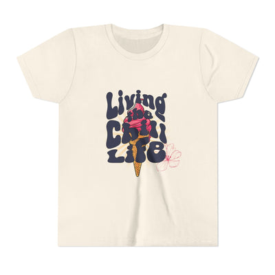 Capy Life youth tee in cream cotton featuring a retro ice cream cone graphic with Living the Chill Life text.