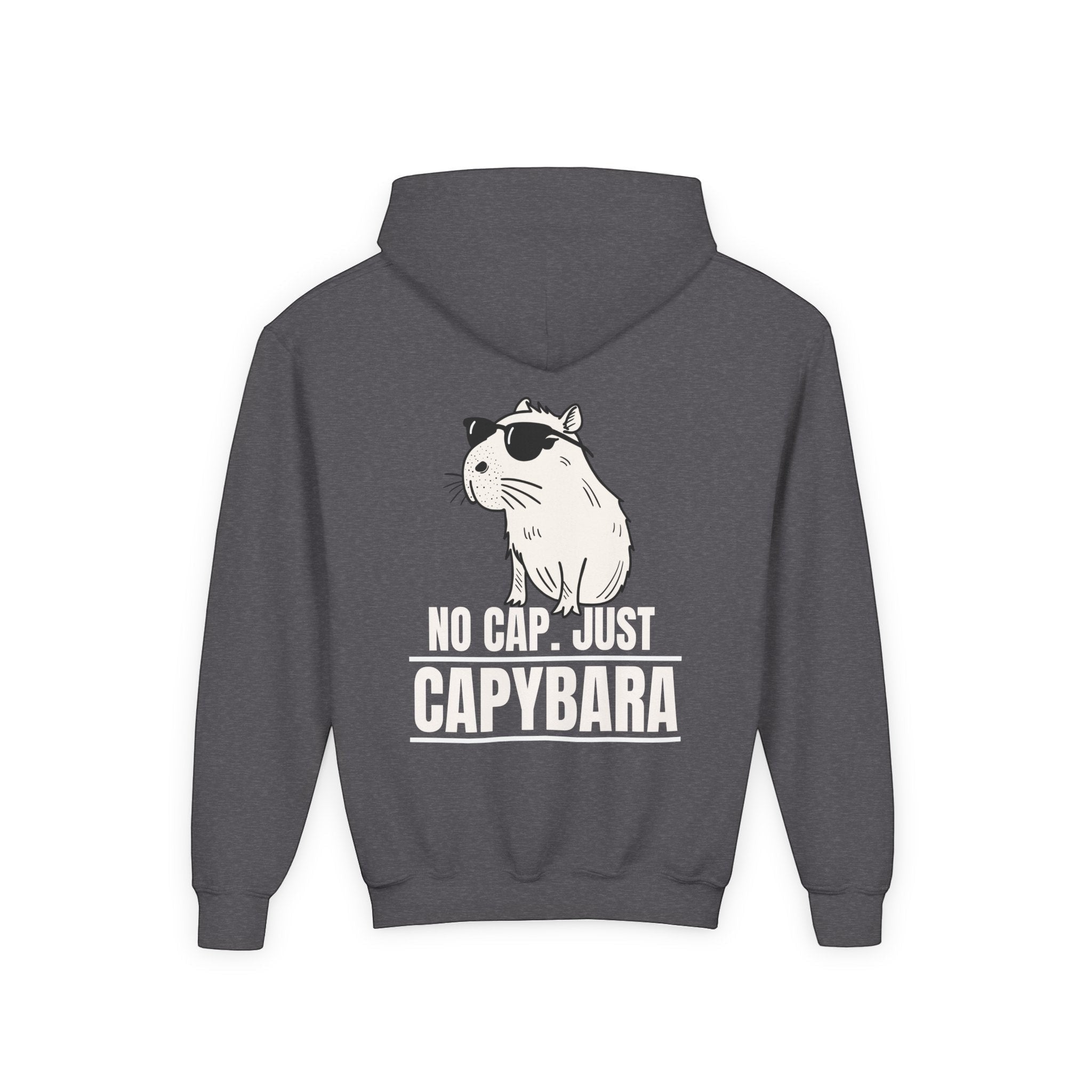 Capy Life kids hoodie in dark grey featuring a back graphic of a cool capybara wearing sunglasses with No Cap text.