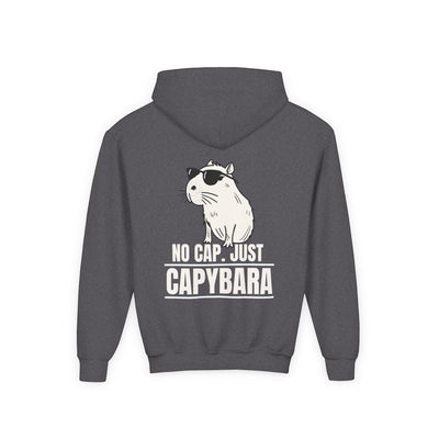Capy Life kids hoodie in dark grey featuring a back graphic of a cool capybara wearing sunglasses with No Cap text.