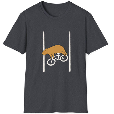Capy Life charcoal grey softstyle t-shirt featuring a graphic of an exhausted capybara lying on a bicycle in a lane.