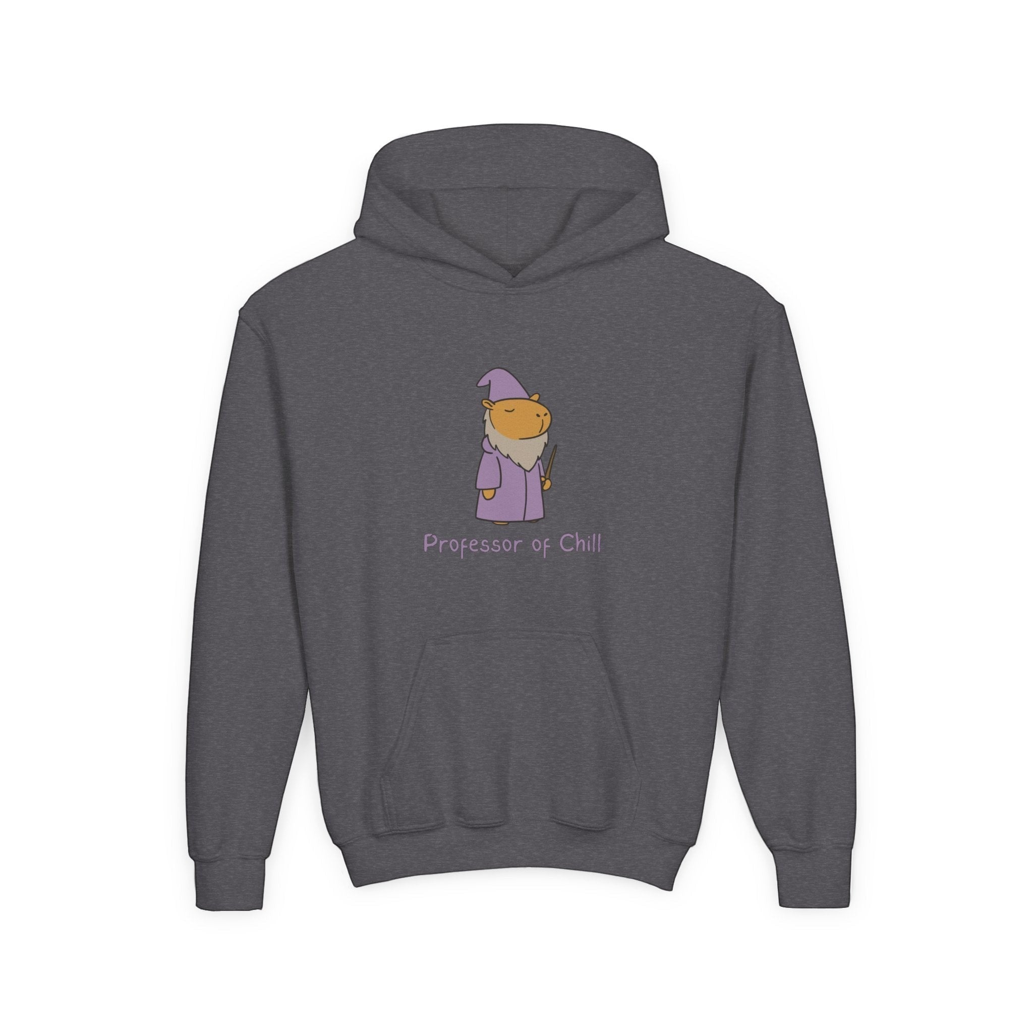 Capy Life kids hoodie in dark grey featuring a wizard capybara graphic with the text Professor of Chill